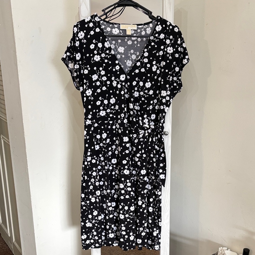 Michael Kors Black and White Floral Wrap Dress